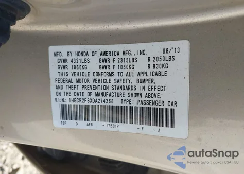 2013 Honda Accord Ex-L z USA, uszkodzony, nr VIN 1HGCR2F8XDA274268